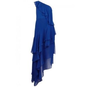 Alice + Olivia Alanis One Shoulder Ruffled Silk Chiffon Gown in Bright Blue